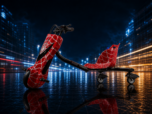 Side view of the red ATVGOGO electric drift trike for kids and teens with seat, footrests and rear caster wheels.