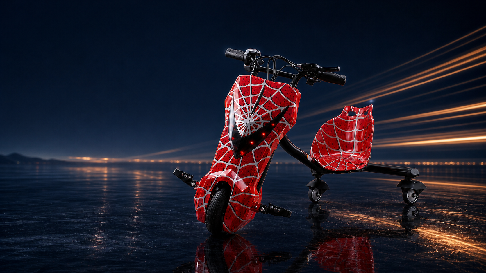 Red ATVGOGO electric drift trike for kids and teens with one front wheel and two rear caster wheels on a dark reflective stage.